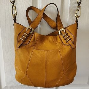 Burnt Mustard Genuine Leather Satchel Shoulder Bag Gold Hardware Multi Pocket